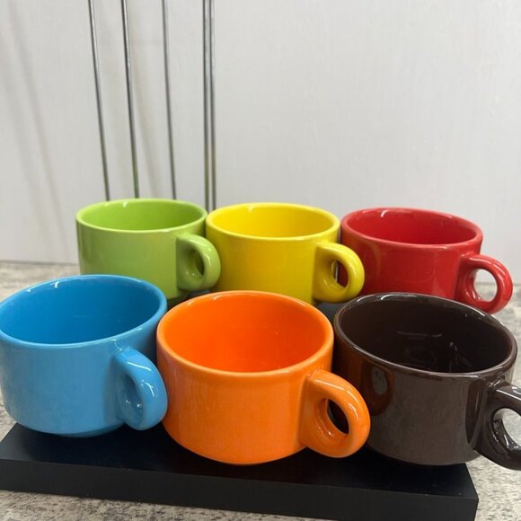 Pier 1 Imports Ceramic Stackable Coffee Mug Set of 6 Multicolor with Stand - Picture 3 of 12